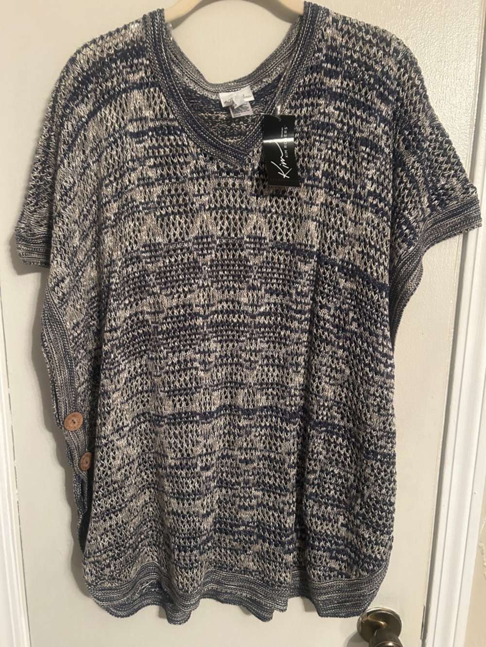 Textured Knit Short Sleeve Sweater Top - Black & Cream